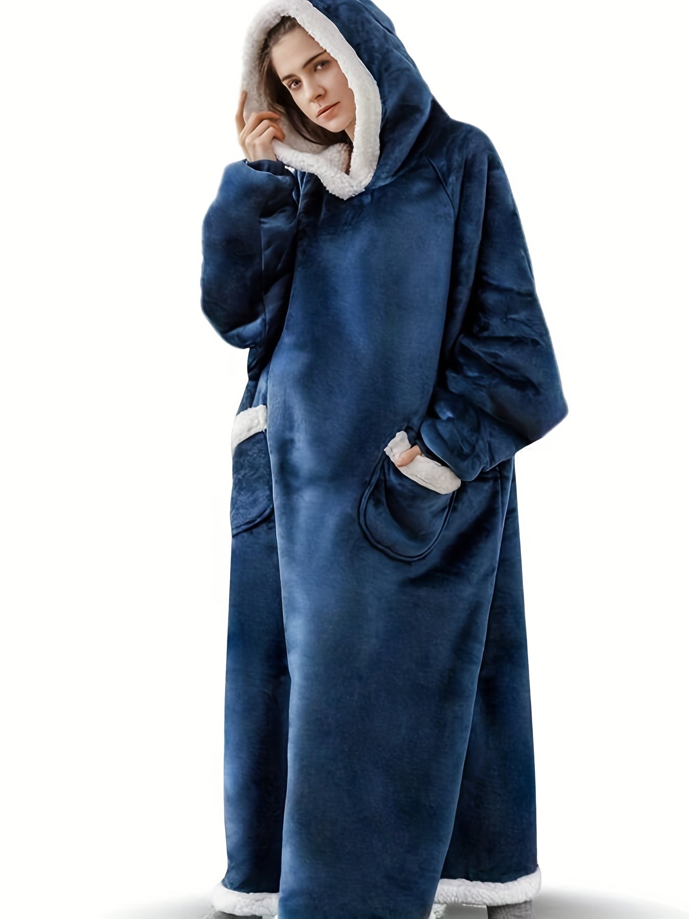 Marineblaue Plus-Size-Flanell-Bademantel - Sofie