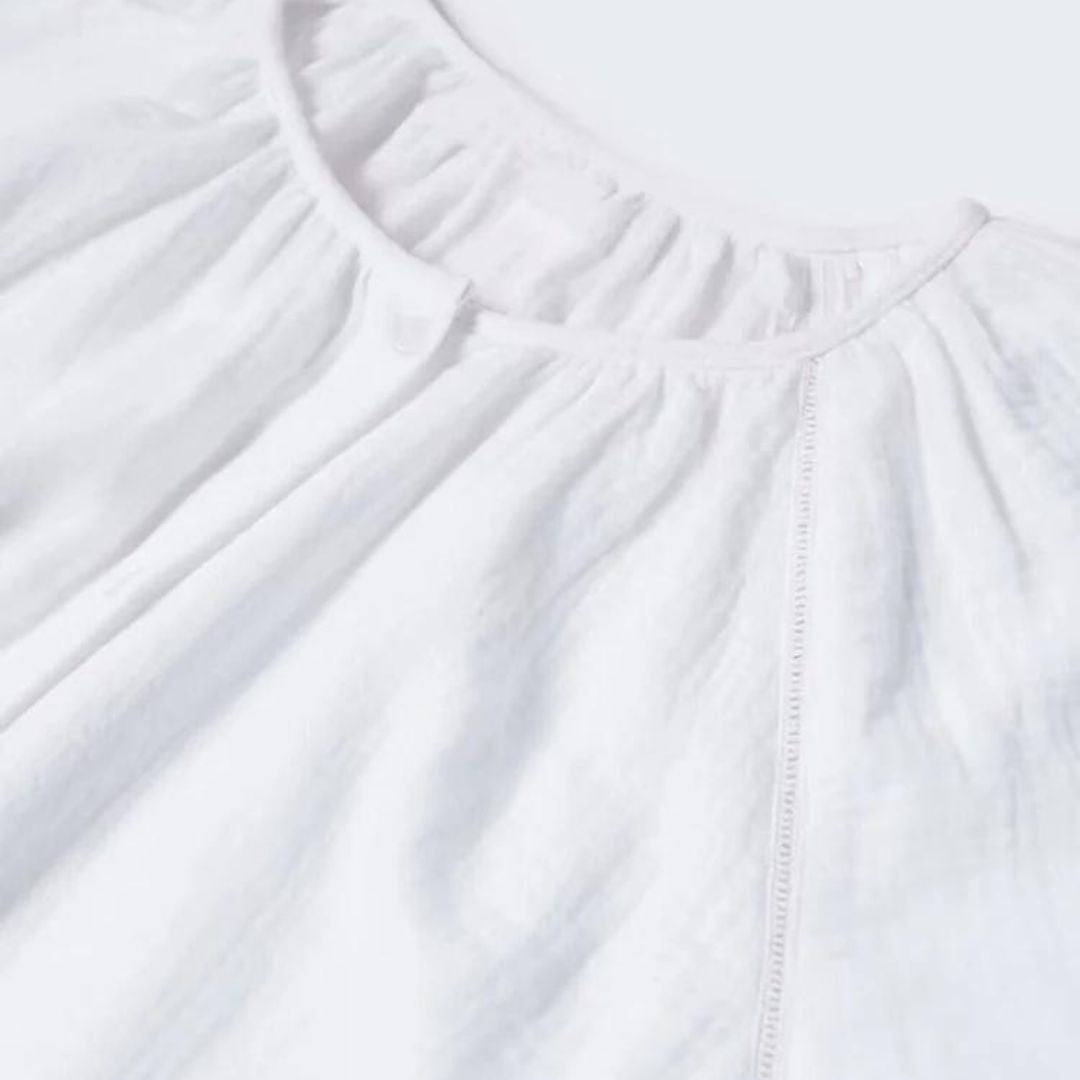 Lotte - Weiße Hemdblusen-Stil Midi-Kleid mit Puffärmeln