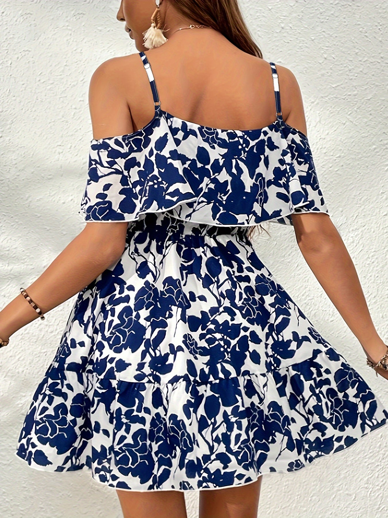 Blaues schulterfreies Blumenkleid - Amelie