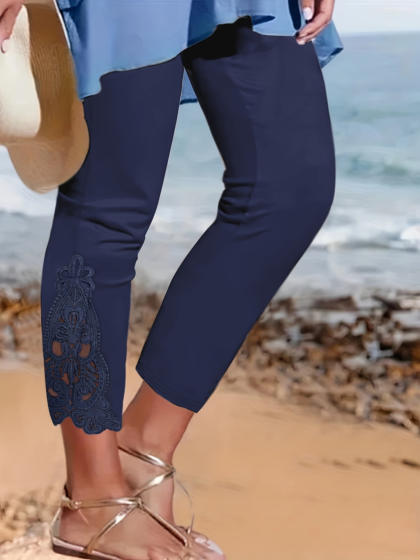 Marineblaue Plus Size Leggings mit Kontrastspitze - Lea