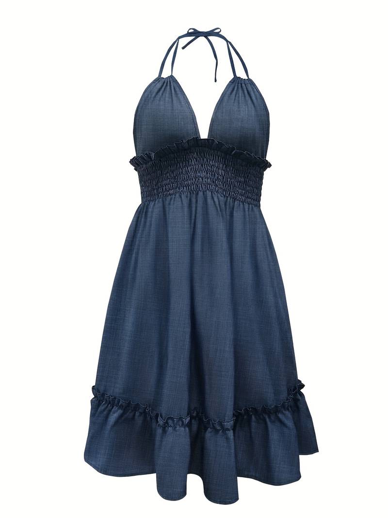 Nina's Blaues Halfterkleid mit Rückenfreiem Design