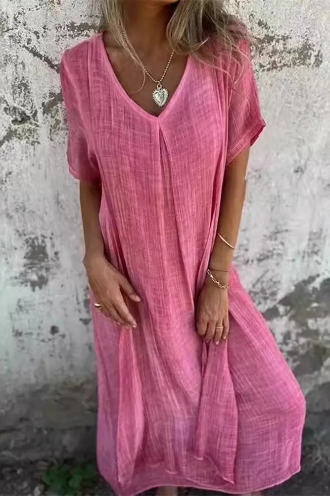 Fiona - Rosa Bequemes Langes Kleid mit V-Ausschnitt