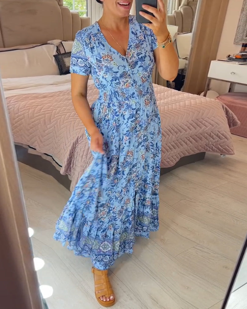 Aria - Blaues Boho-Kleid mit Blumenmuster für lässige Tage