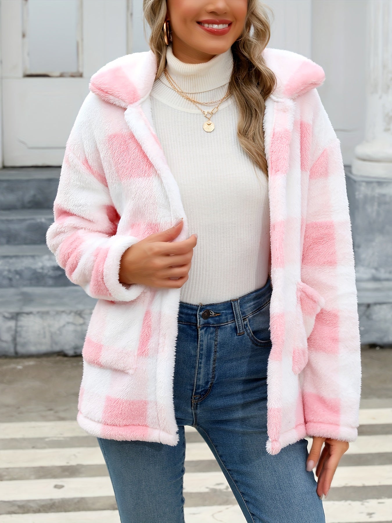Schwarze Kariert-Teddy-Jacke mit Taschen - Mila