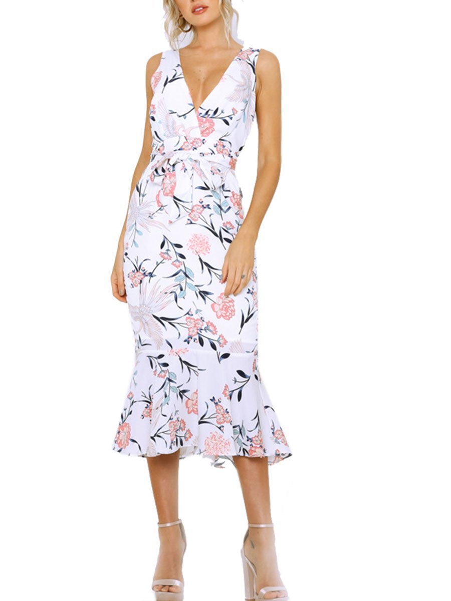 Weißes Blumen V-Ausschnitt Kleid - Lea