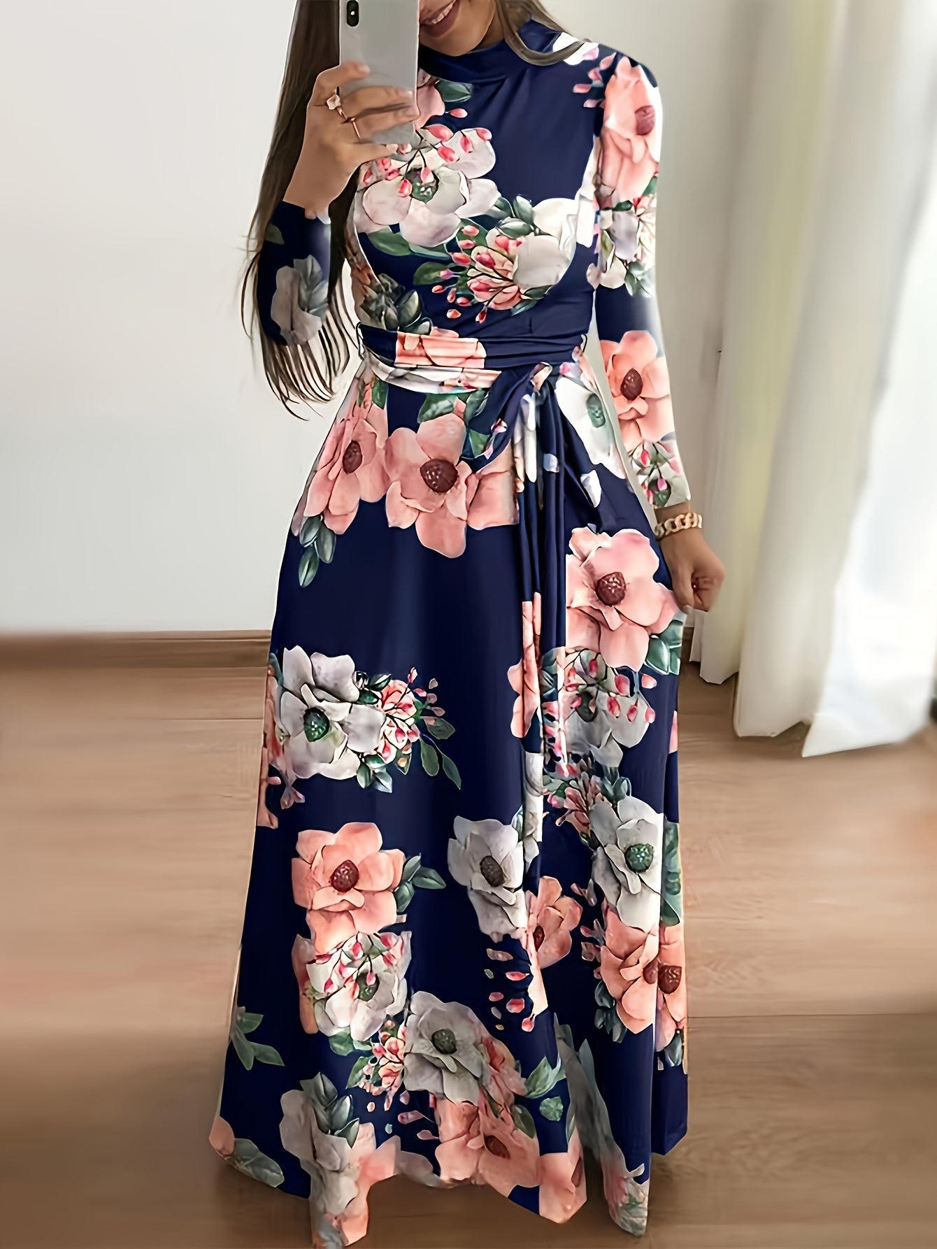 Pastellblaue Blumen-Kleid mit Bindegürtel - Liana