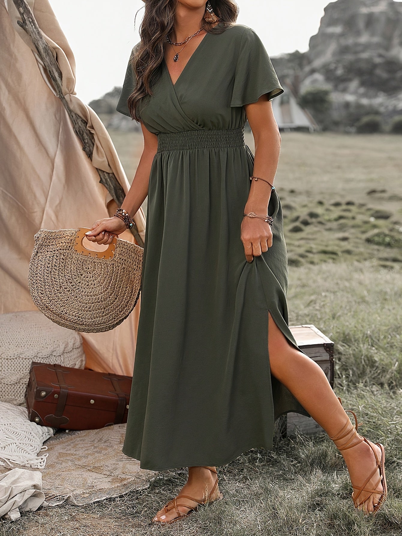 Armeegrünes Gerafftes Wickelkleid - Mila