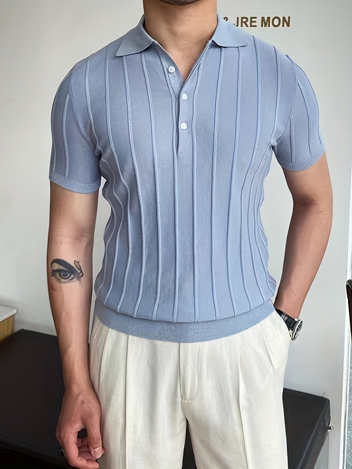 Hellblauer Gestreifter V-Ausschnitt Pullover - Sven