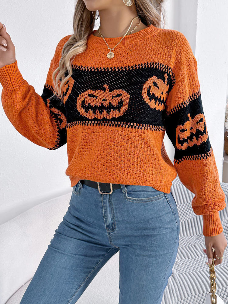 Orangener Color-Block Pullover mit Kürbismotiv – Lea