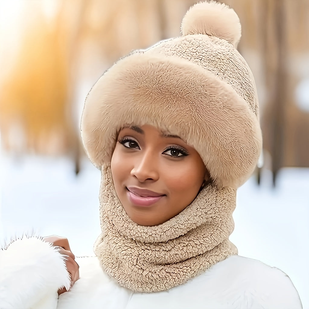 Braune Flauschige Wintermütze mit Schal - Lena
