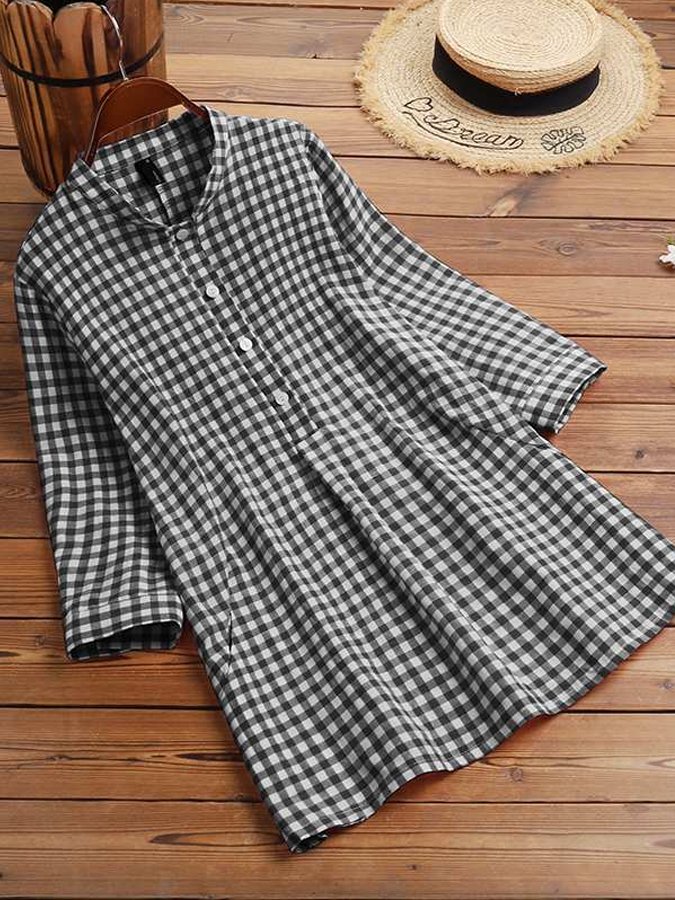 Chique Damen Karo 3/4 Ärmel Bluse