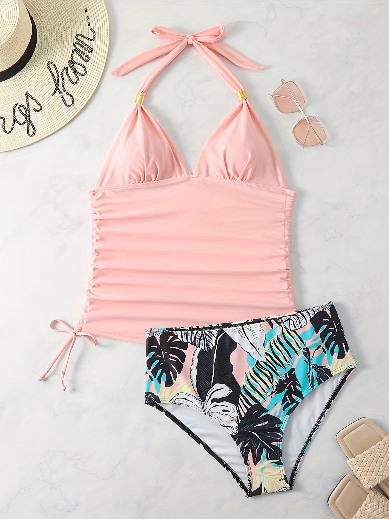Blaues Tankini-Set mit Blätterdruck - Anna