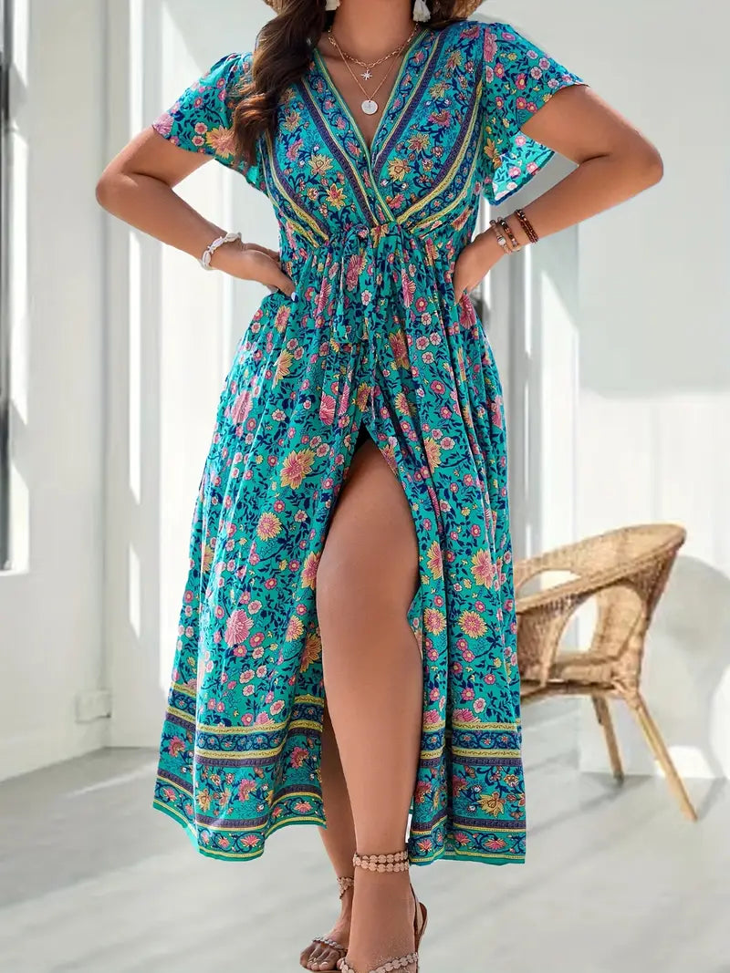 Blaues Florales Schlitzkleid - Sophie