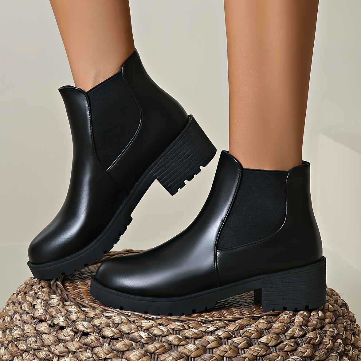 Schwarze Slip-On Chelsea Stiefeletten mit Blockabsatz - Nora