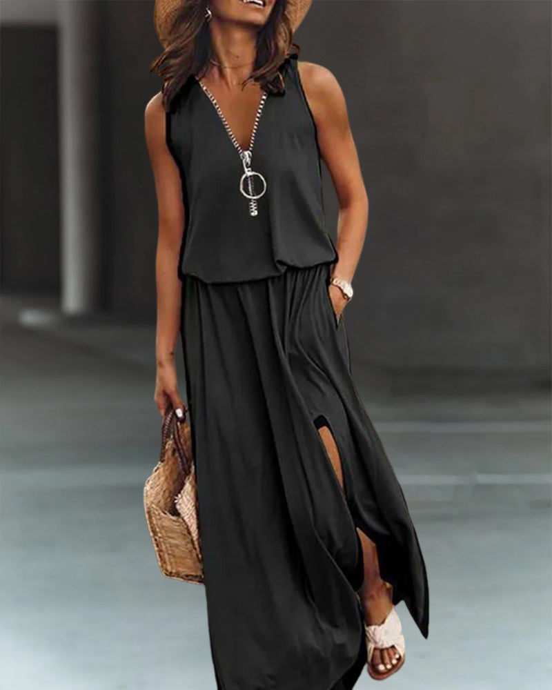 Zara - Schwarzes Kleid mit Reißverschluss und Schlitz