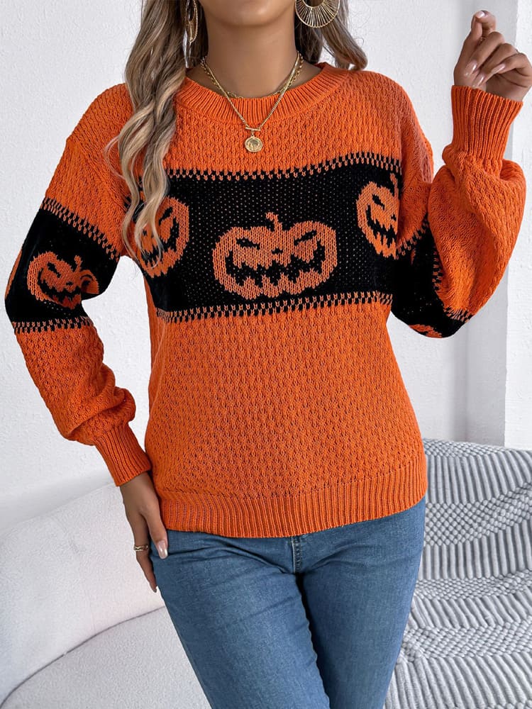 Orangener Color-Block Pullover mit Kürbismotiv – Lea