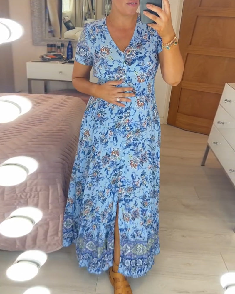 Aria - Blaues Boho-Kleid mit Blumenmuster für lässige Tage