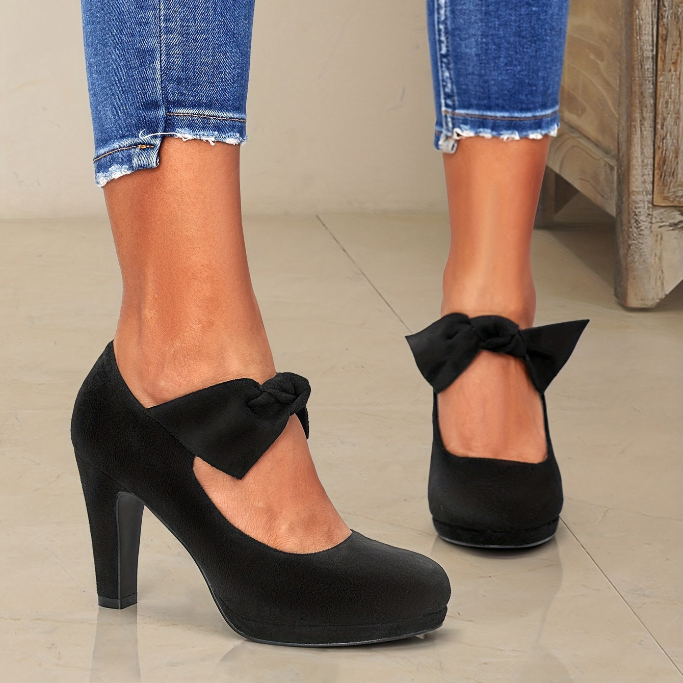 Schwarze Mary Jane Pumps mit Schleife - Lena