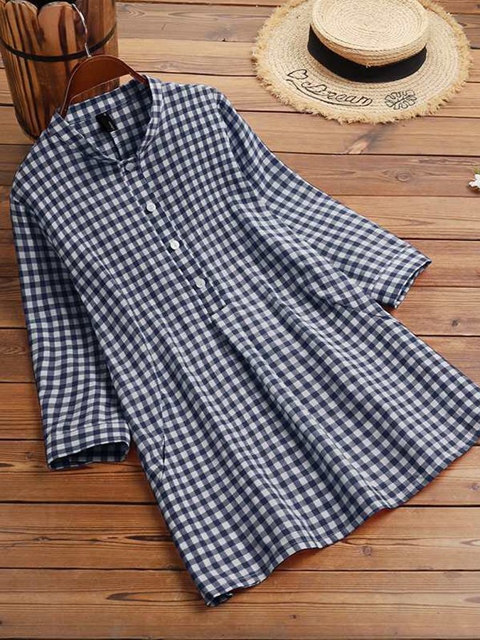 Chique Damen Karo 3/4 Ärmel Bluse