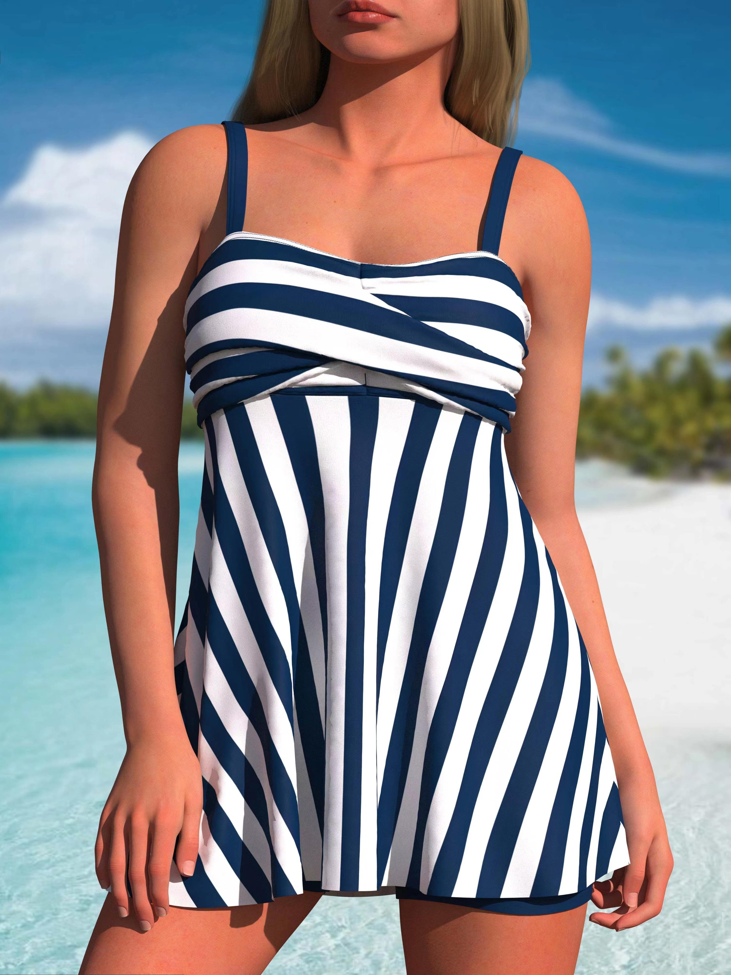 Blaues Gestreiftes Tankini-Set mit Ringdetail - Marie