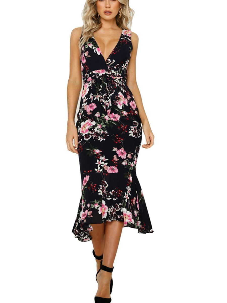 Weißes Blumen V-Ausschnitt Kleid - Lea