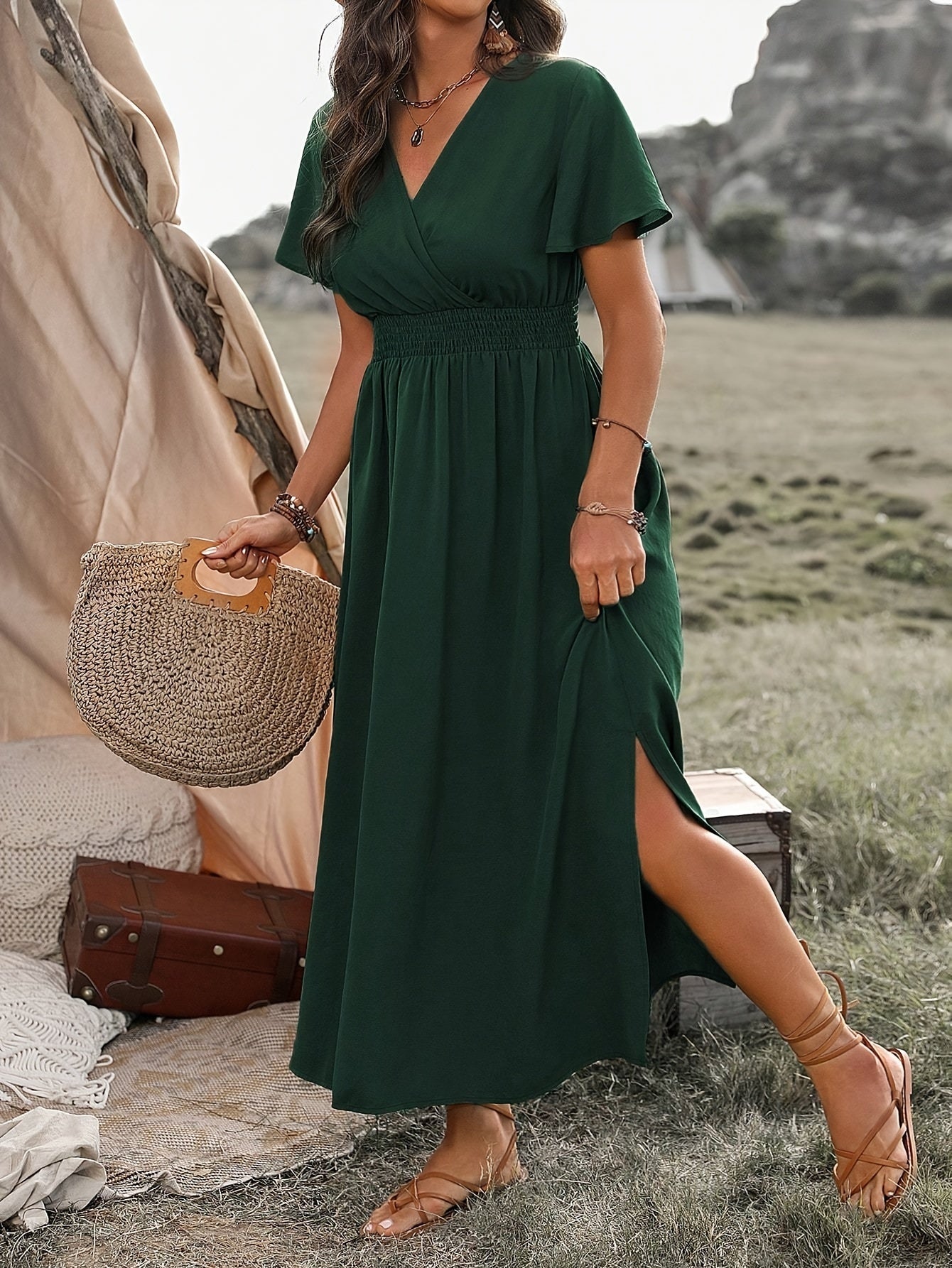 Armeegrünes Gerafftes Wickelkleid - Mila