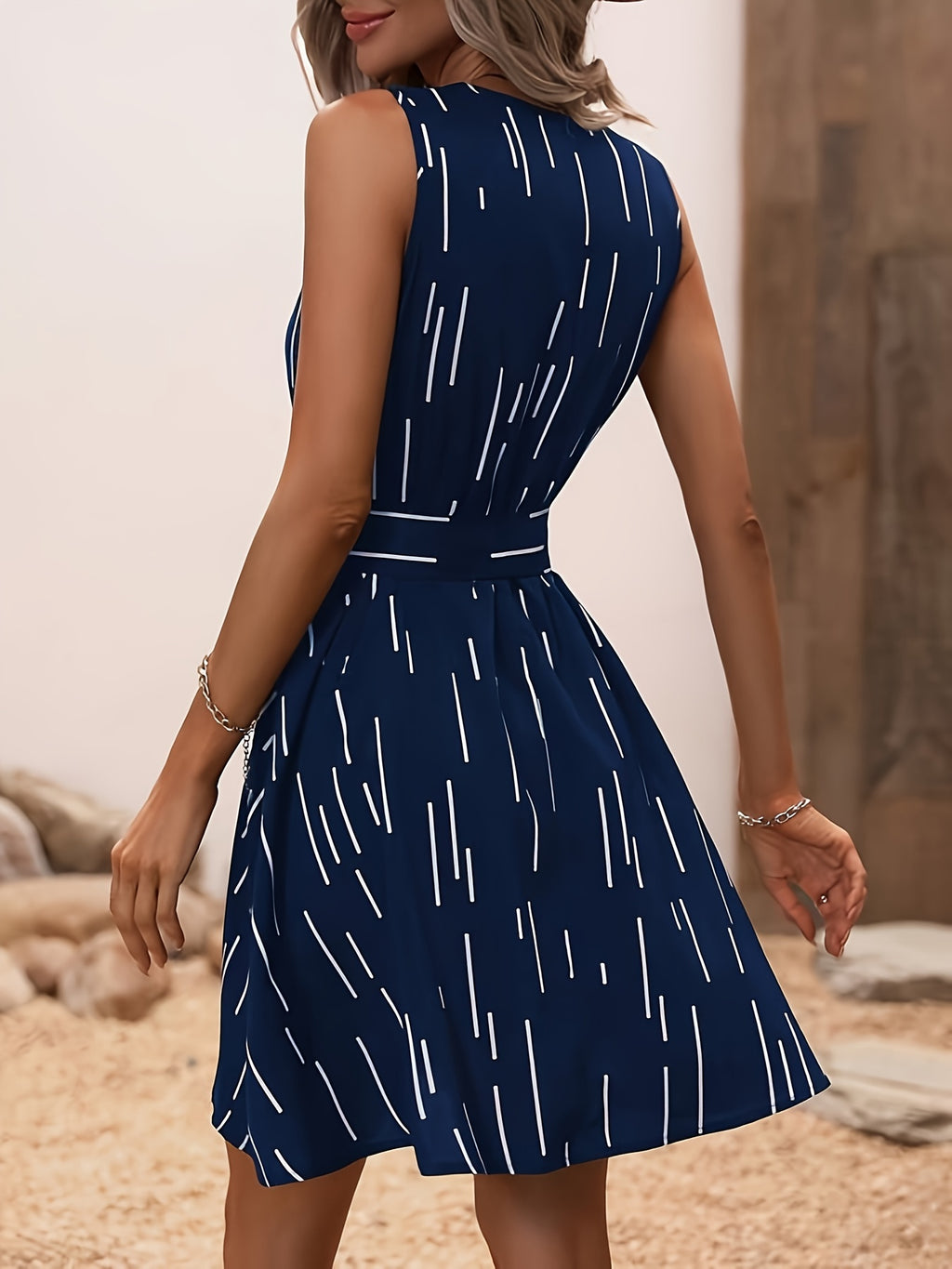 Blaues gestreiftes Kleid mit Gürtel - Marie
