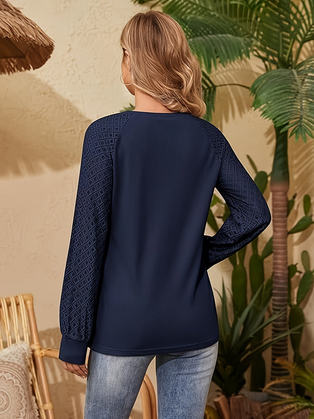 Dunkelblaues Waffelstrick-Shirt mit Spitze – Sophie
