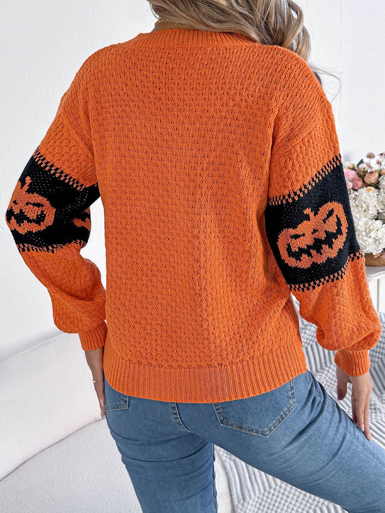 Orangener Color-Block Pullover mit Kürbismotiv – Lea