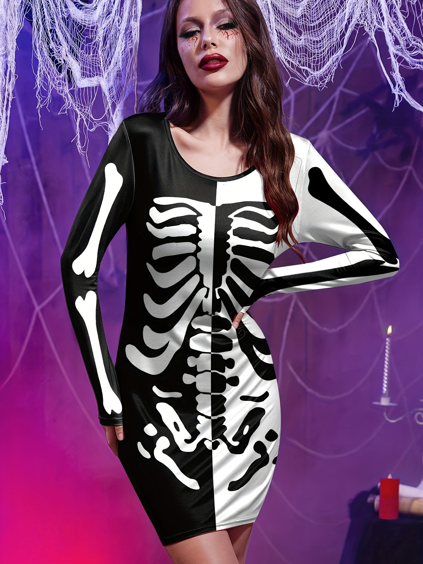 Schwarzes Halloween-Skelett-Kleid - Luna