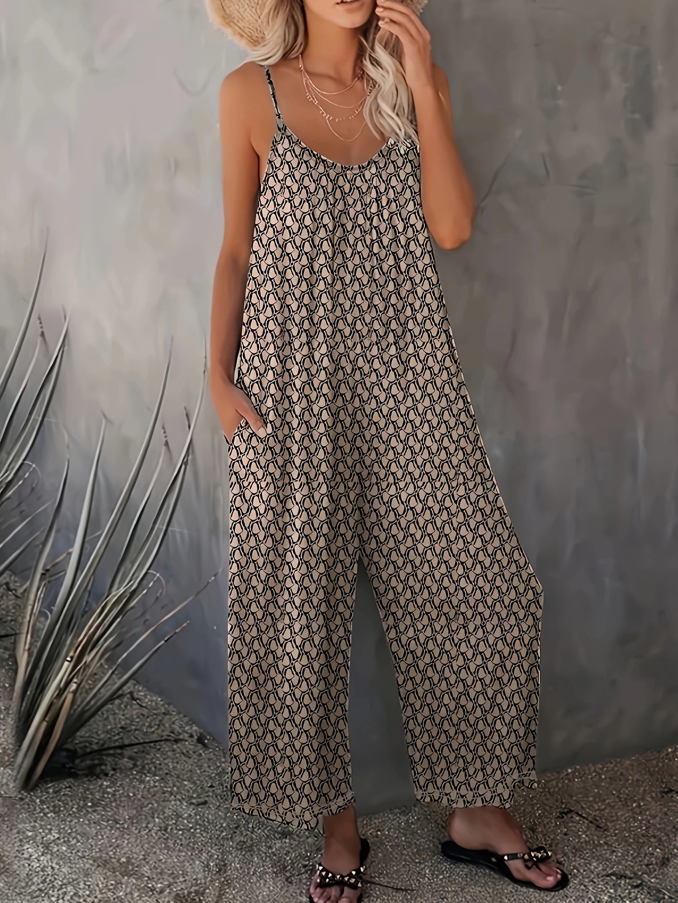 Khaki Allover-Print Jumpsuit - Lara