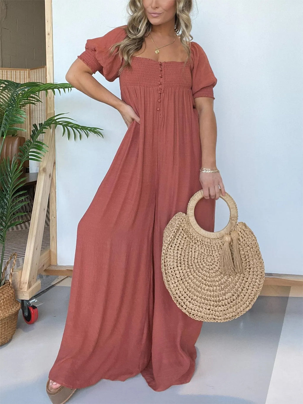 Eloise - Rostfarbener Jumpsuit mit quadratischem Ausschnitt und gerafftem Oberteil