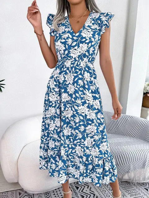 Grünes Blumenmuster Rüschenkleid - Kayleigh