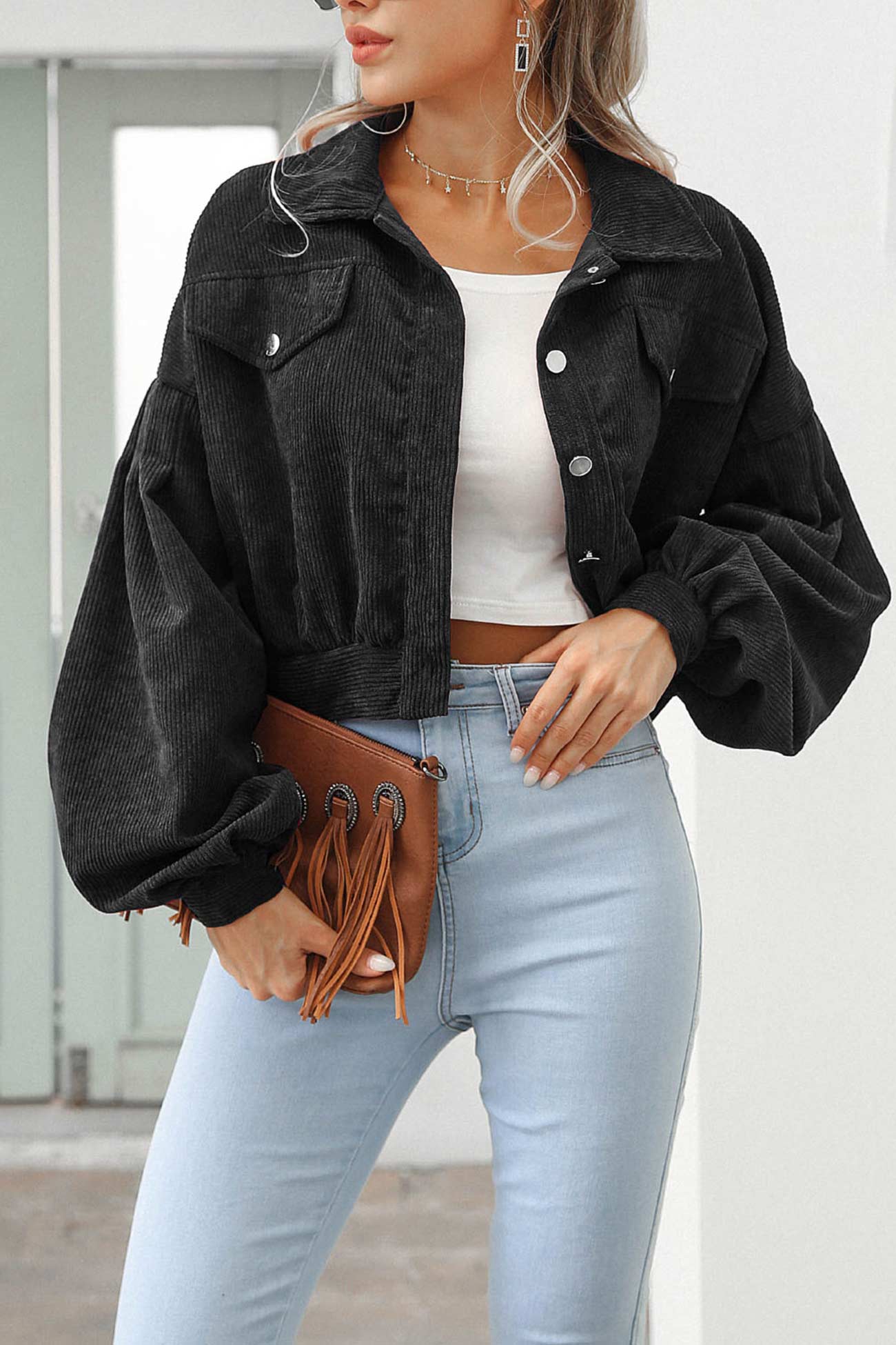 Khaki Cordjacke im Cropped-Stil - Lena