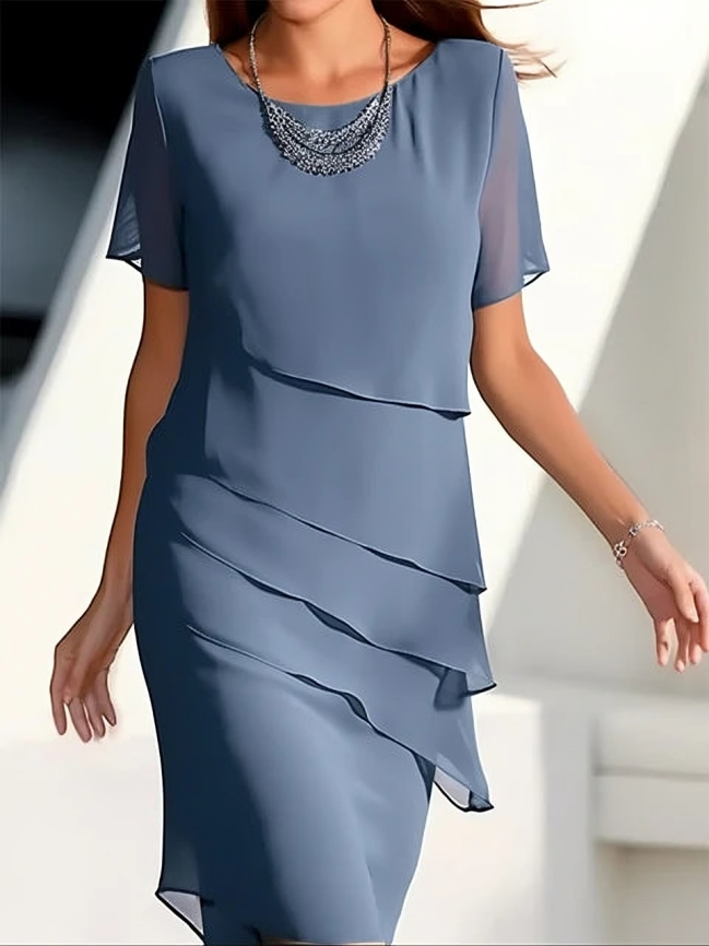 Sofie - Blaues Elegantes Midi-Kleid mit Kurzen Ärmeln und Schichten
