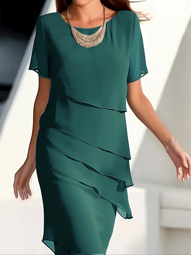 Sofie - Blaues Elegantes Midi-Kleid mit Kurzen Ärmeln und Schichten