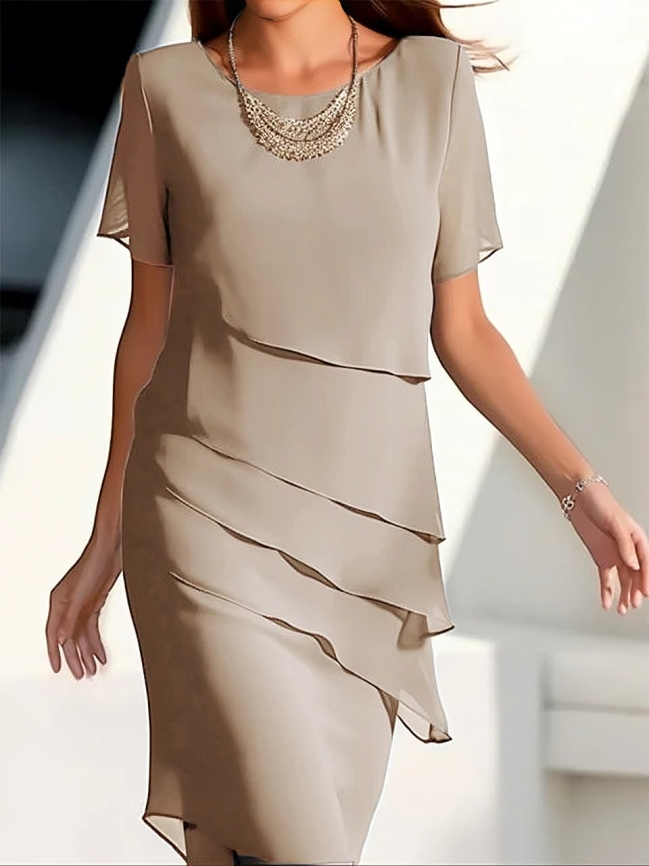 Sofie - Blaues Elegantes Midi-Kleid mit Kurzen Ärmeln und Schichten