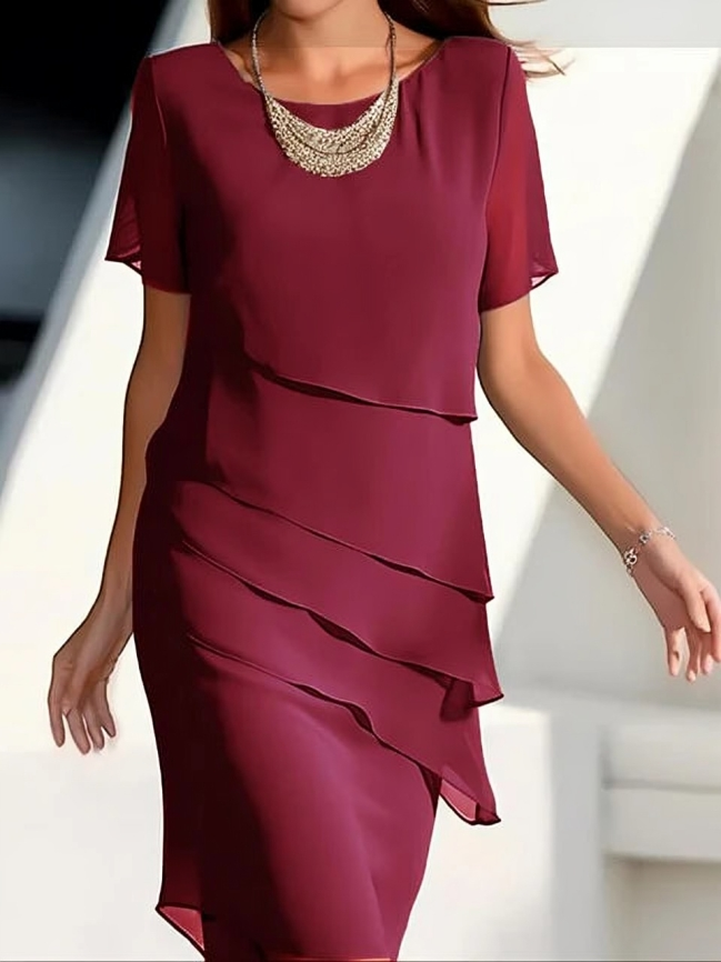 Sofie - Blaues Elegantes Midi-Kleid mit Kurzen Ärmeln und Schichten