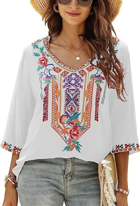 Morna - Weiße Bestickte Slim-Fit Bluse