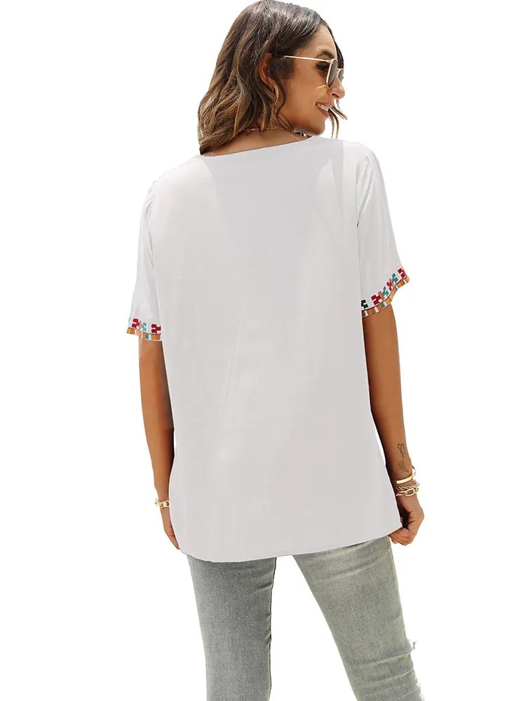 Morna - Weiße Bestickte Slim-Fit Bluse