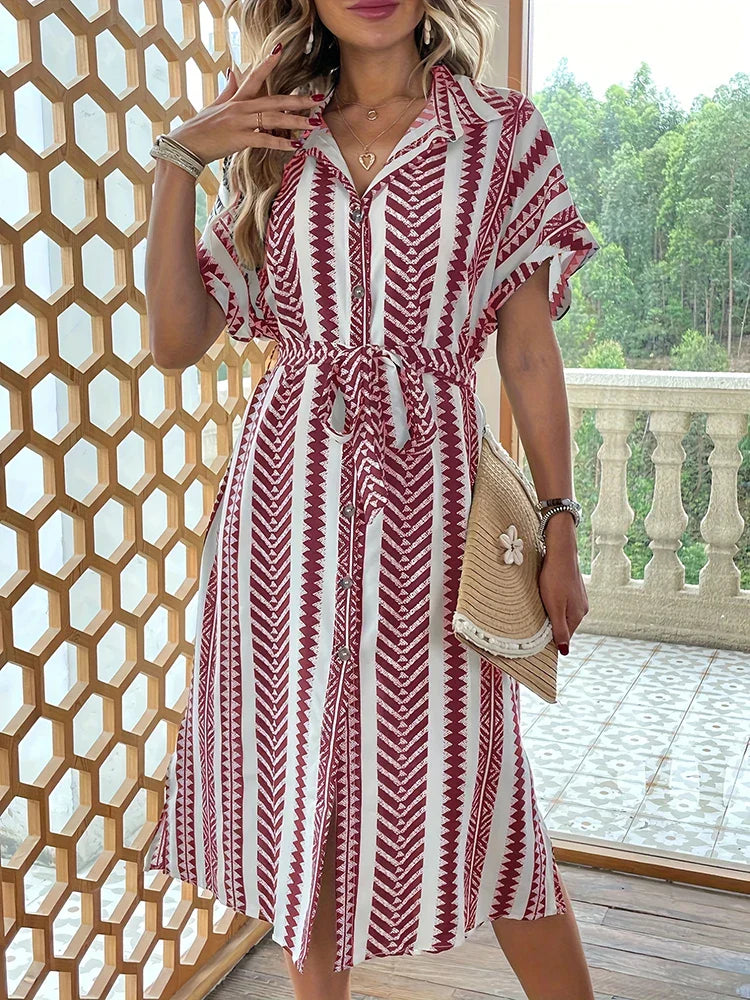 Rotes Geo-Print Kleid mit Schmetterlingsärmeln - Diana