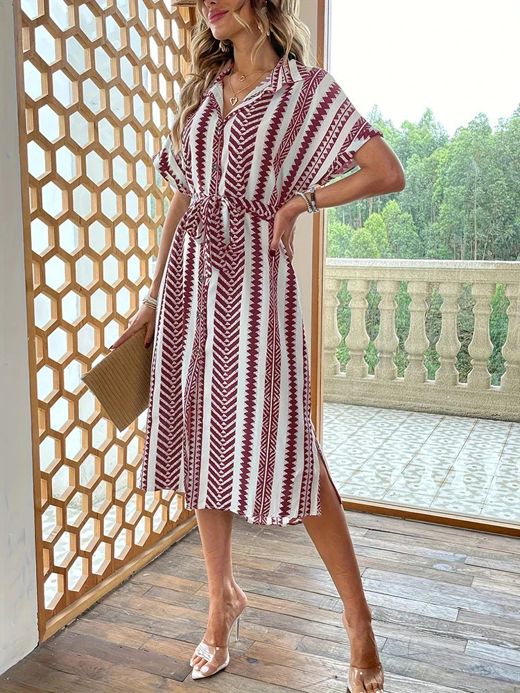 Rotes Geo-Print Kleid mit Schmetterlingsärmeln - Diana