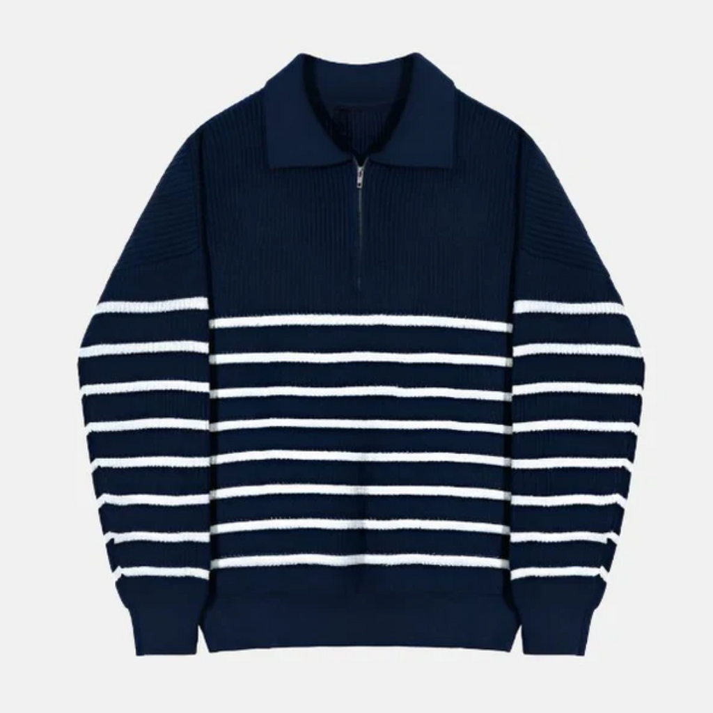 Gestreifter Quarter-Zip Pullover Blau-Weiß - Luca