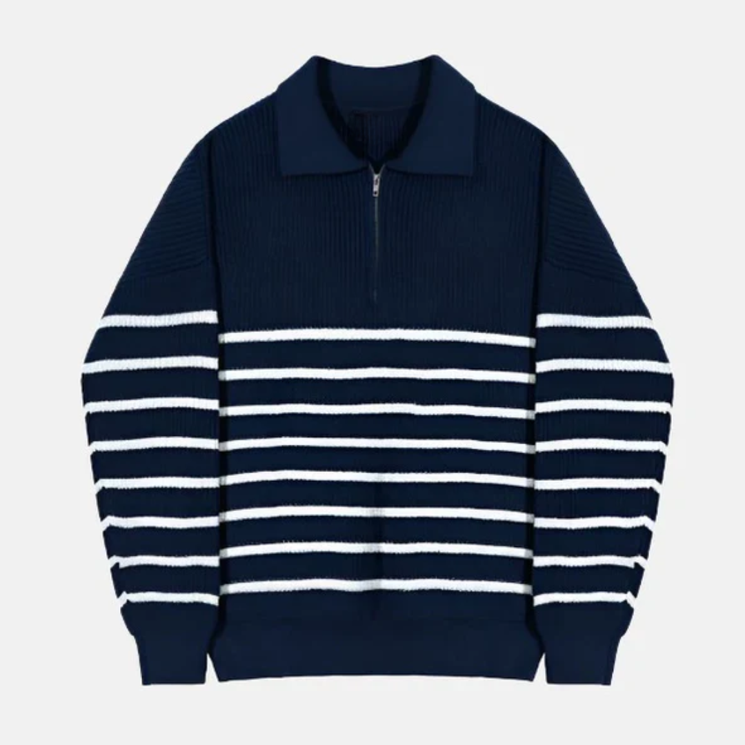 Gestreifter Quarter-Zip Pullover Blau-Weiß - Luca