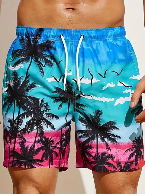 Schwarze Lockere Strandshorts mit Kokospalmen-Print - Tim