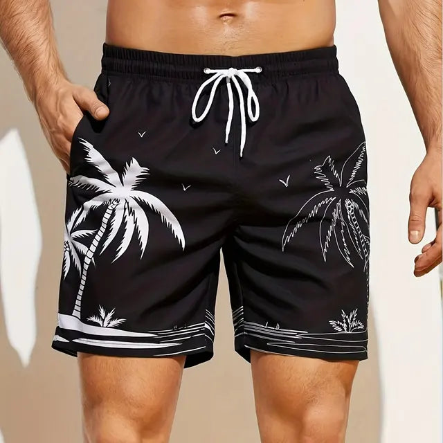 Schwarze Lockere Strandshorts mit Kokospalmen-Print - Tim
