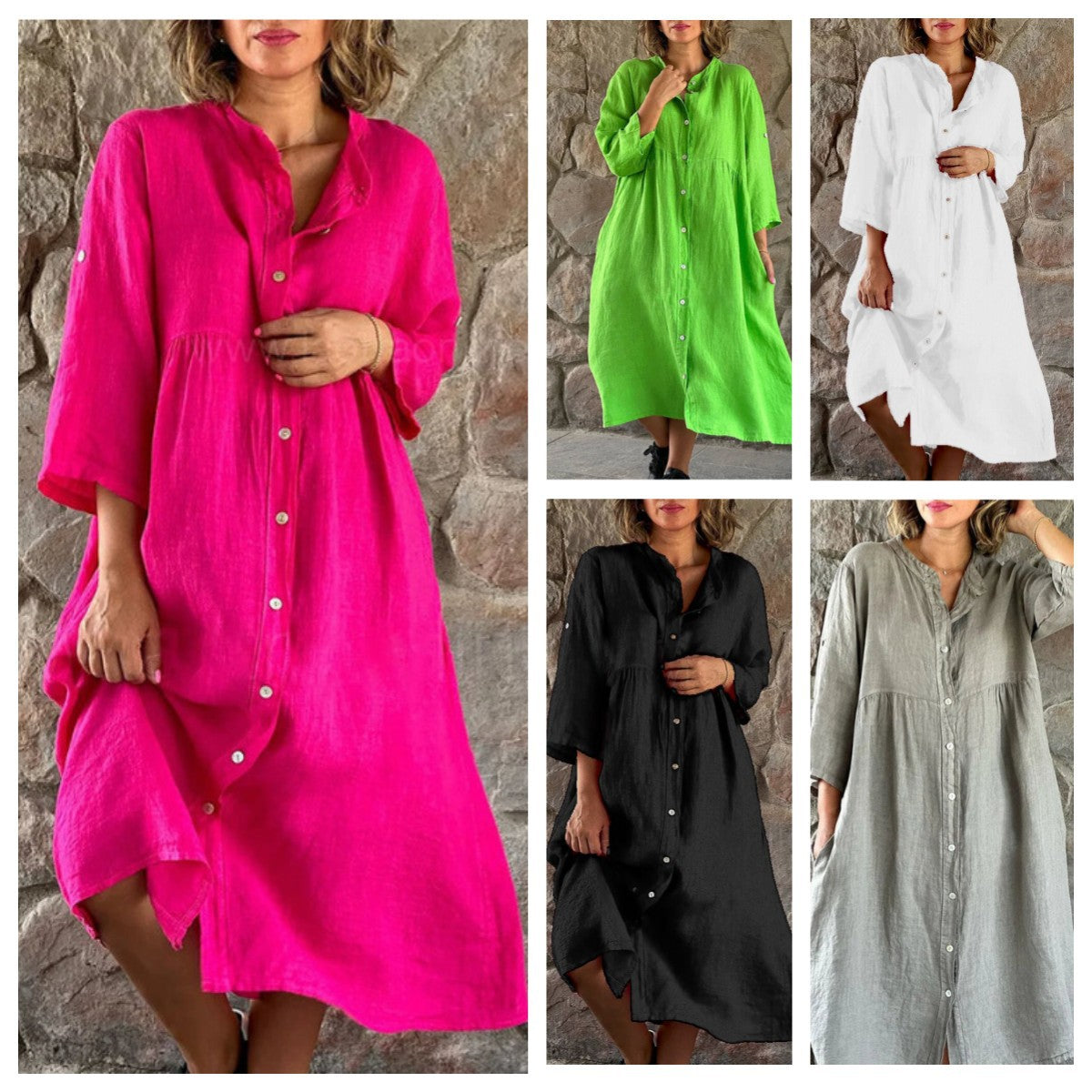 Lara - Rosa Hemdblusenkleid aus Baumwolle und Leinen
