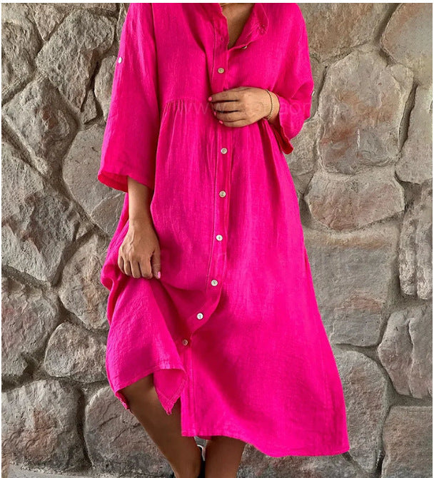 Lara - Rosa Hemdblusenkleid aus Baumwolle und Leinen