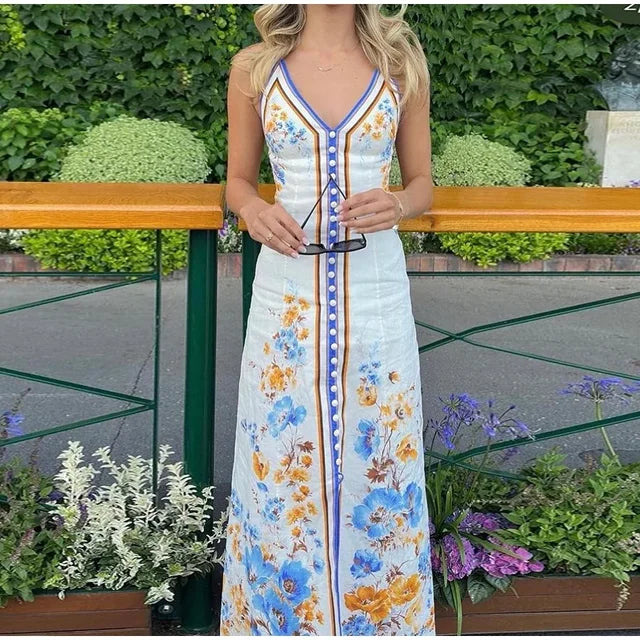 Lella - Blaues Bedrucktes V-Ausschnitt Kleid