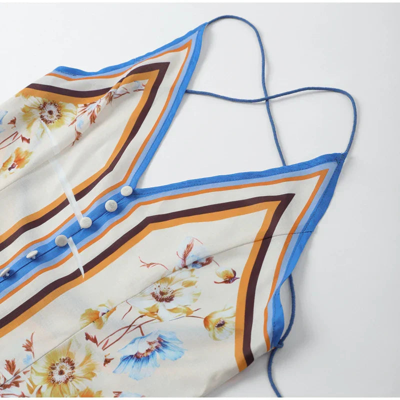 Lella - Blaues Bedrucktes V-Ausschnitt Kleid